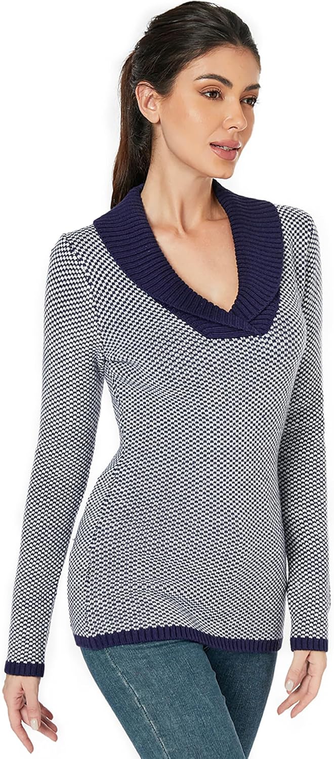 AmélieBoutik Women Color Trim Collar V Neck Long Sleeve Plaid Knit Sweater Tops