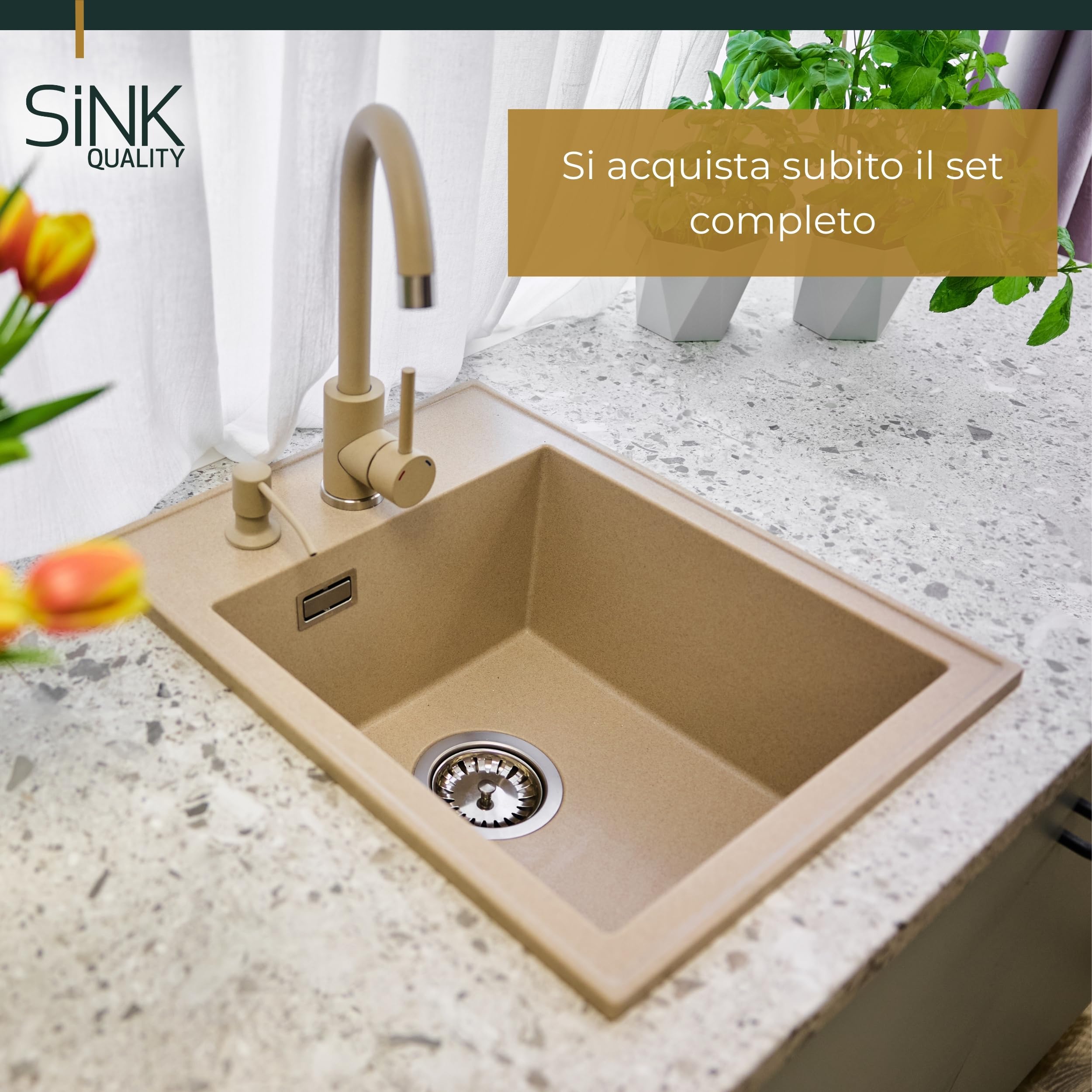 SINK QUALITY - Set completo di lavello in granito, 40 x 50 cm, con rubinetto da cucina, dispenser di sapone, sifone e impregnazione, lavello senza scolapiatti per mobiletti a partire da 40 cm di