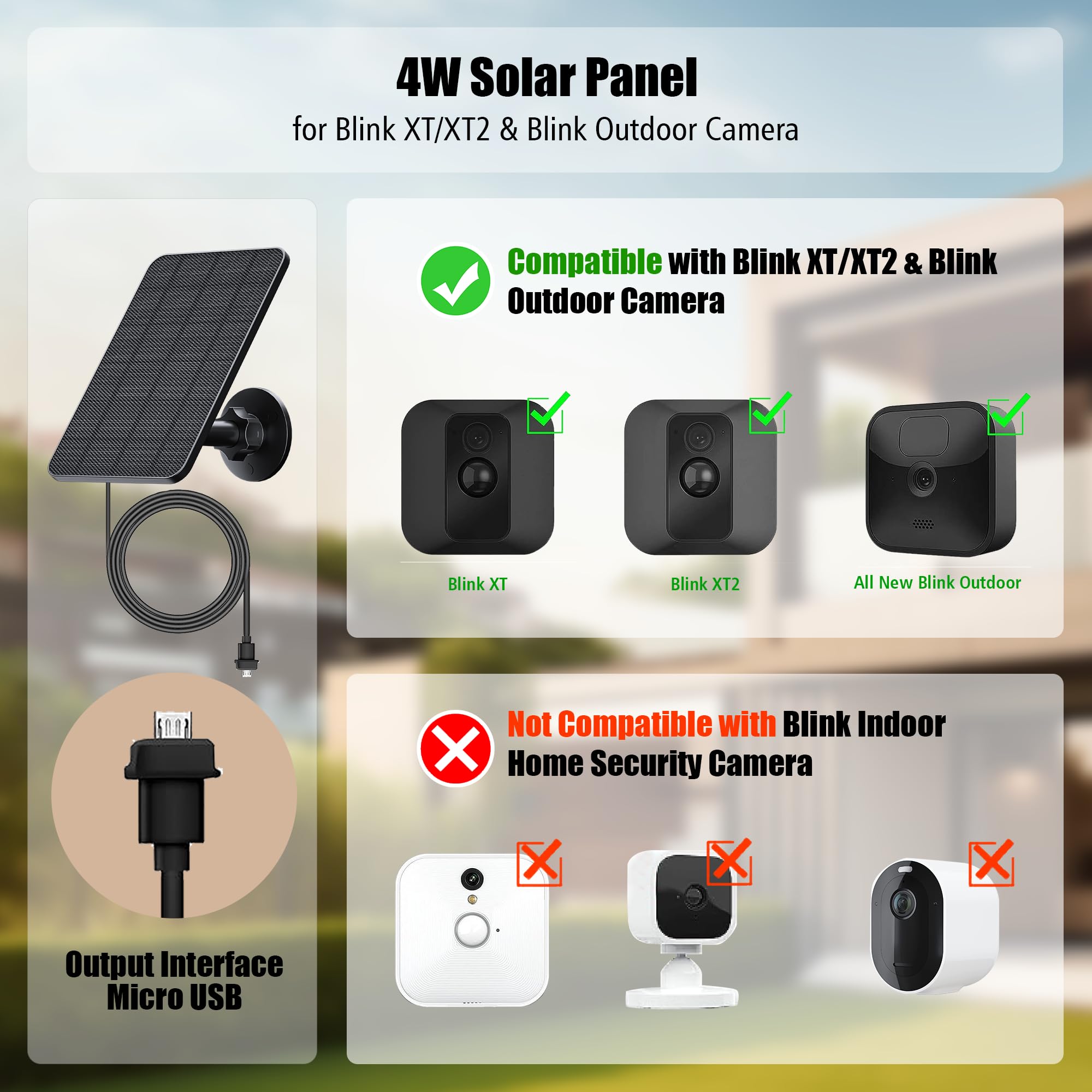 Pannello Solare per Blink Camera Outdoor,4W Blink Solar Panel Compatibile con Blink Outdoor,Blink XT2/XT Camera&SimpliSafe Camera(non incluso),IP65 Blink Outdoor(3rd Gen) con Spina di Gomma(3 Pack)