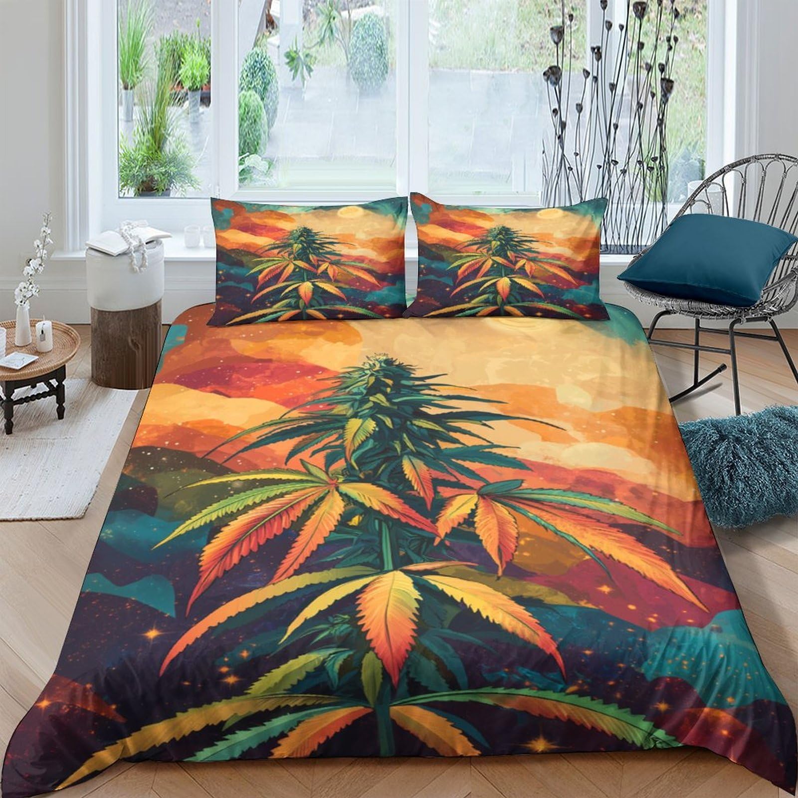 Ctjqhvkz Style-9 3D Printed Sunset Landscape Fitted Sheet Microfiber Soft Breathable Cannabis Art Mattress Cover For Bedroom Dorm Room Decor Single（135X200cm）