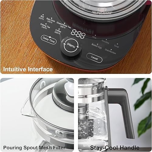 Miniatura 9 de Hervidor eléctrico de vidrio con infusor de té, acero inoxidable de 1.5L, hervidor rápido de 1200 W, temperatura y control programable para téscafé,
