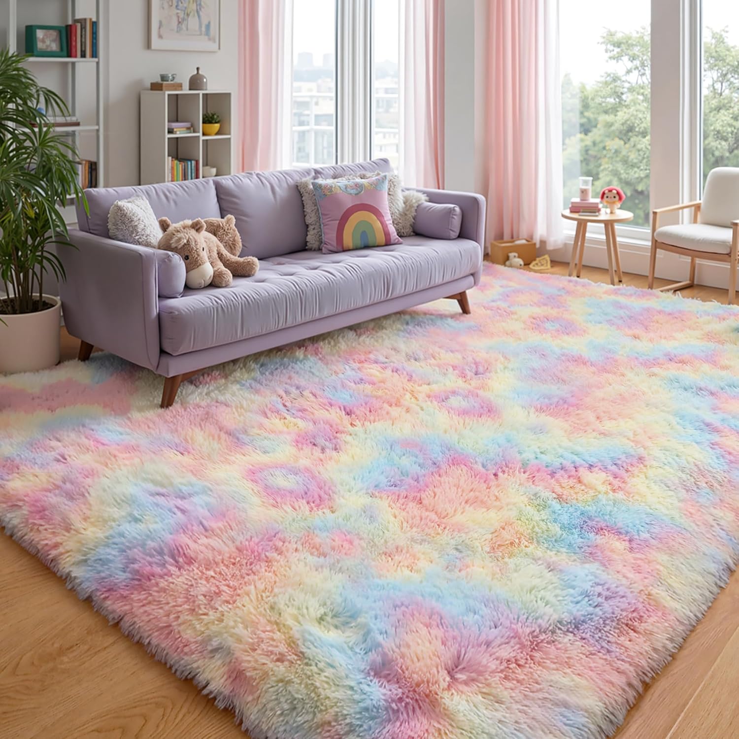 Fluffy 8x10 Large Area Rugs for Girls Bedroom Living Room, Rainbow Soft Washable Shag Carpet for Kids Room, Nursery, Dorm Decor, Colorful Cute Plush Fuzzy Rugs for Baby Toddler