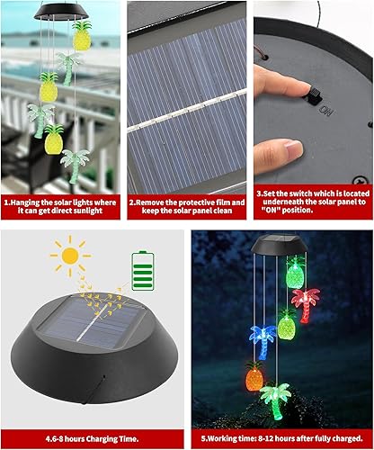 Miniatura 4 de DOUBLEZHE Campanillas de viento solares, campanillas de viento que cambian de color para exteriores, palmera y piña, regalos para mamá, mujeres,