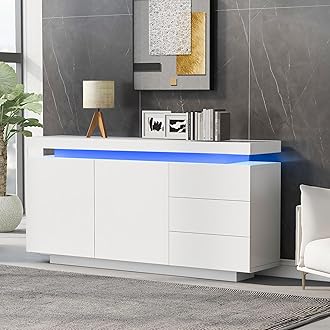 Sideboard for Living Room, Modern Wooden Storage Cabinet with 2 Doors & 3 Drawers, High Gloss Sideboard with 16-Colour LED Lights for Living Room Dining Room, White
