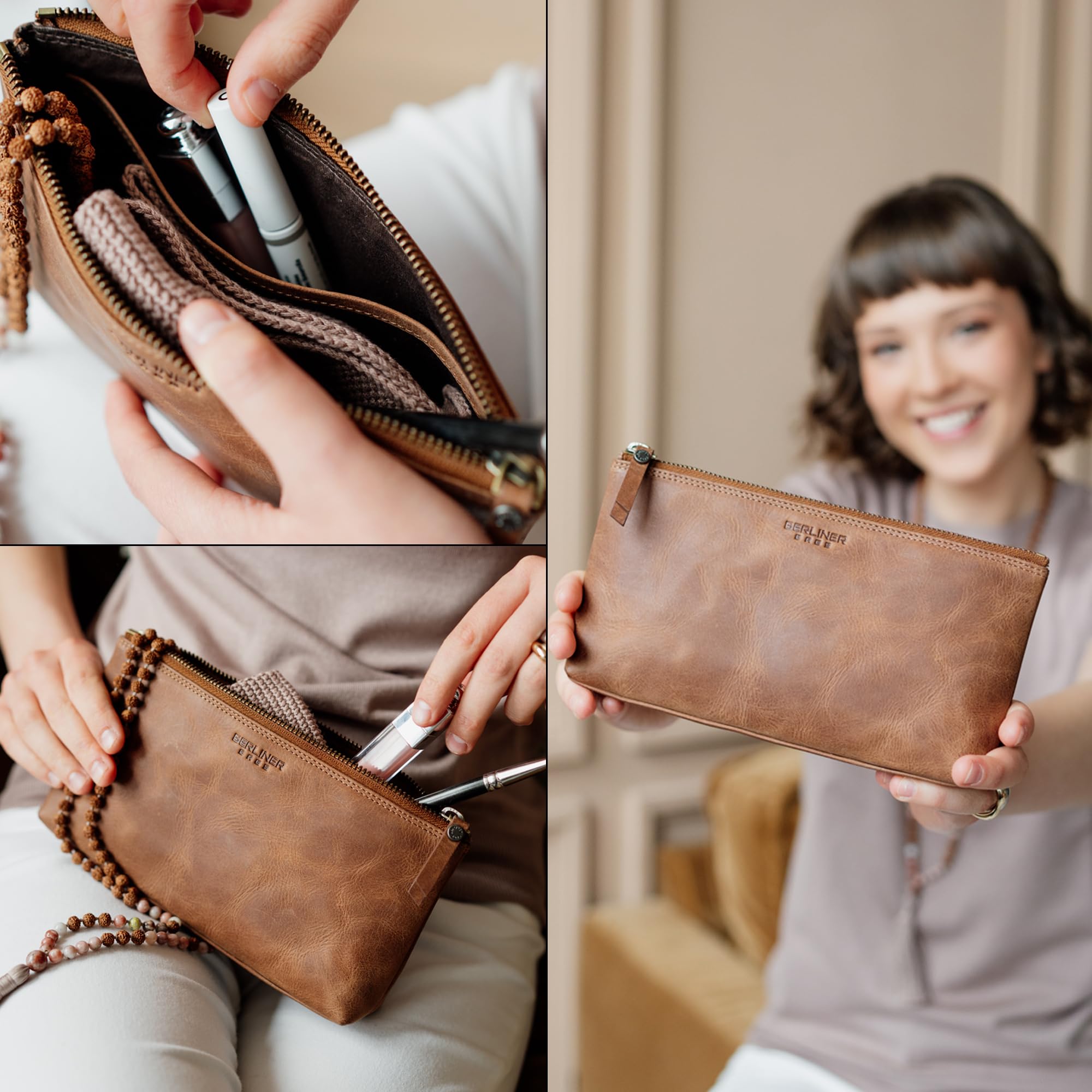 Berliner Bags Trousse Porta Cosmetici Anna S in Vera Pelle, Pochette Compatta con Zip per Make-up e Accessori da Viaggio, Donna – Marrone