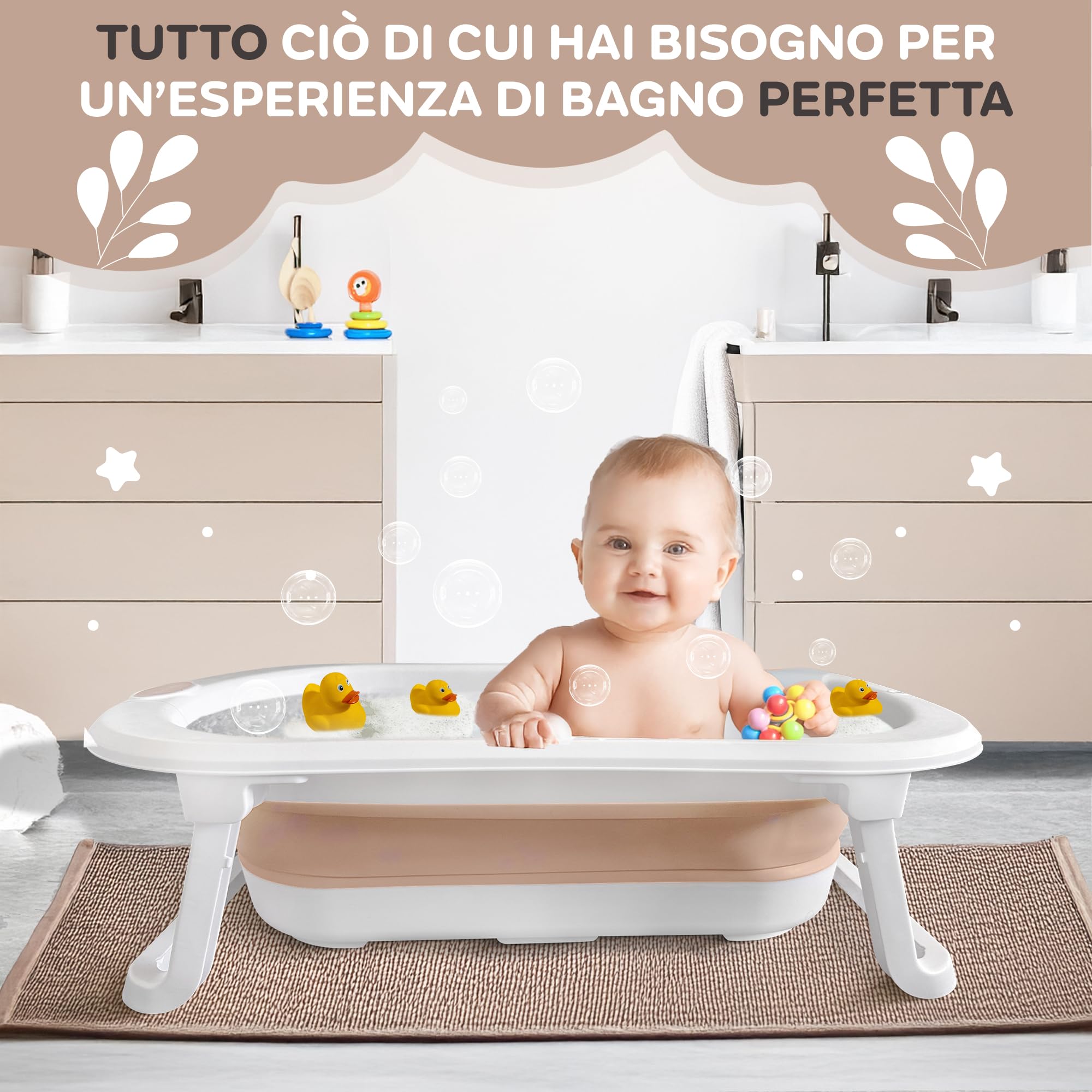 FawnsLife - XXL - Vasca da bagno pieghevole per bambini con seduta confortevole e tappeto al ginocchio - Qualità superiore e pratica per piccoli spazi e spostamenti