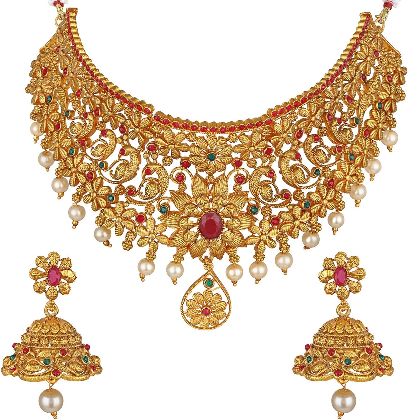 Latest Stylish Design Fancy Pearl Choker Traditional Temple Necklace Jewellery Set for Women (rrsd13868s) (Golden), One, Metal, No Gemstone