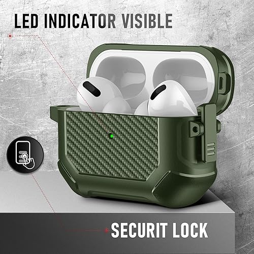 Vista 116 de Maxjoy Funda para AirPods Pro, clip de bloqueo seguro de fibra de carbono, cuerpo completo, a prueba de golpes, carcasa rígida con llavero