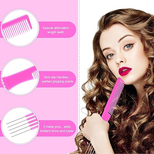 Miniatura 10 de Peine de carbono rosa o negro, 3 piezas con peine de carbono rosa o negro con peinetas de acero inoxidable con peines de puntas de metal para mujer