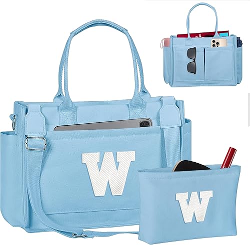 Miniatura 150 de Easter Basket Stuffers, Initial Tote Bag with Makeup Bag, Birthday Gifts for Women, Teen Girl Gifts Trendy Stuff Beige,Negro