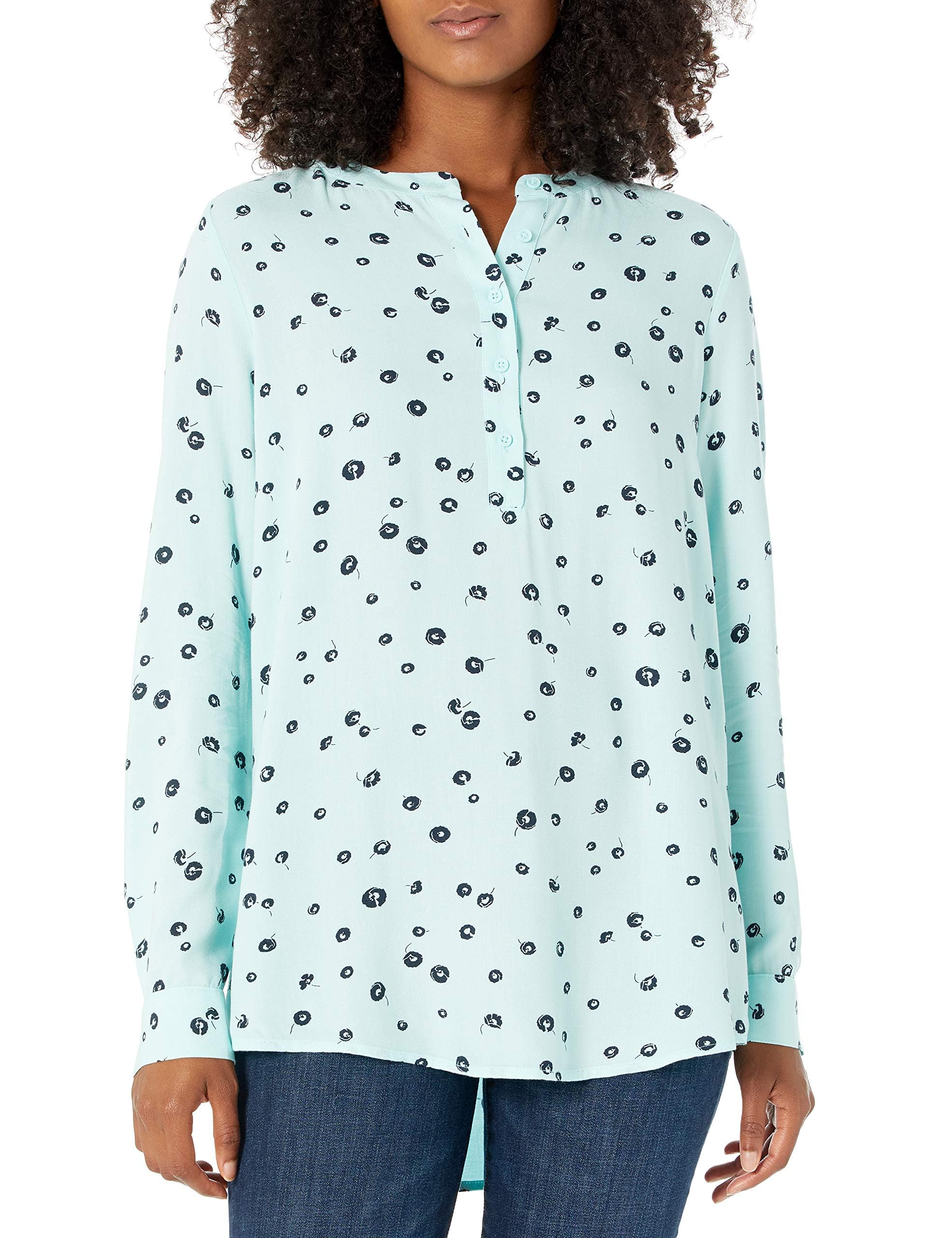 Amazon Essentials Women's Long-Sleeve Woven Blouse, Aqua Blue Poppy, L