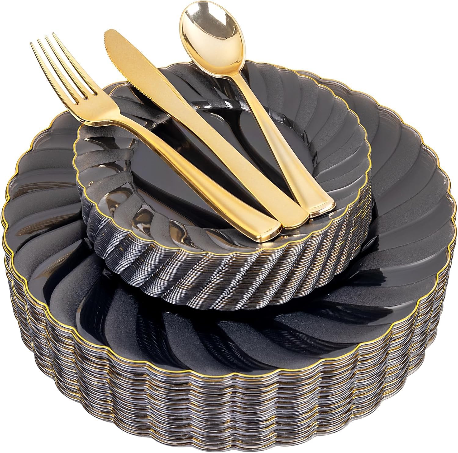 YOUBET 125PCS Clear Black Plastic Plates - Black and Gold Disposable Plates Include 50 Plate, 75 Gold Silverware for Wedding & Party & Birthday