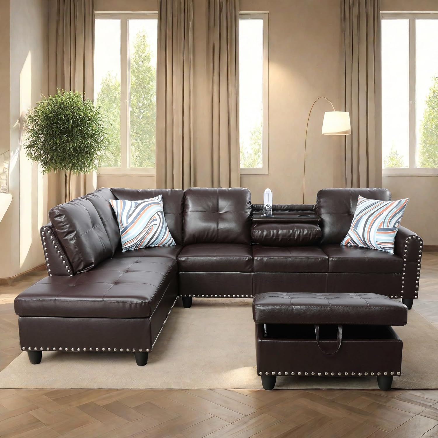 Sofa with Ottoman Modern Sectional Living Room, Bedroom, Office, L Couch Brown-Linen, L Shaped Couch