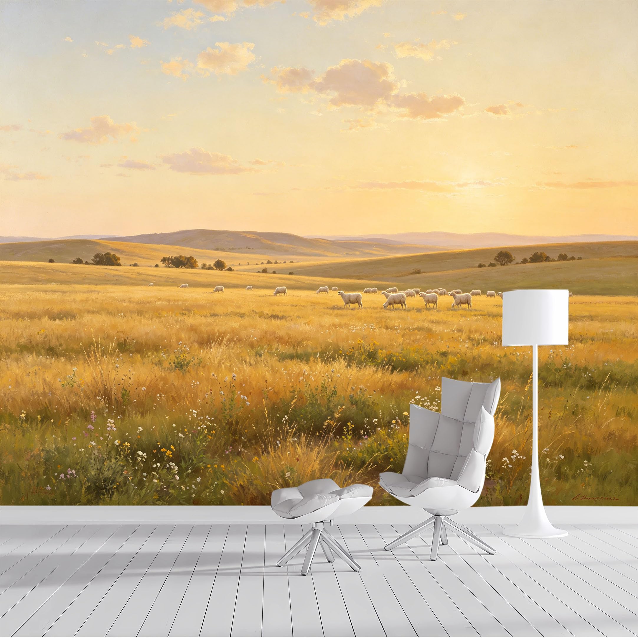 Custom Size Wall Mural Golden Meadow Sheep Flock Sunset Pastoral Landscape Oil Painting SelfAdhesive Wall Fabric Removable Peel and Stick Wallpaper for Living Room Bedroom Bathroom