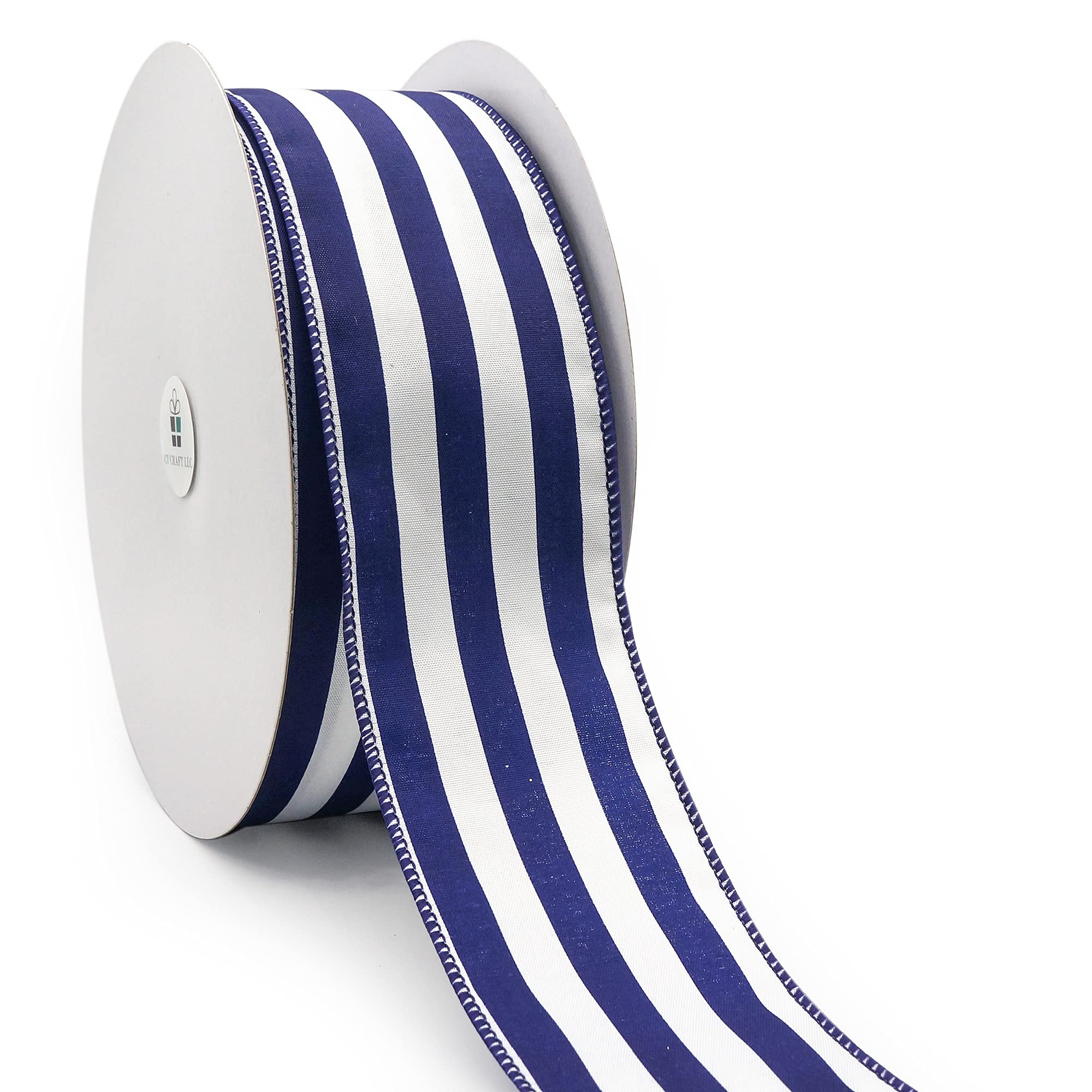 CT CRAFT LLCWhite with Blue Stripe Wired Ribbon - 2.5" x 50 Yards for Christmas Home Decor, Gift Wrapping, Bow Making, Wreath, DIY Crafts