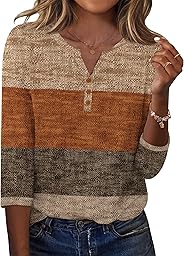 Zeagoo Tshirt Damen 3/4 Arm Shirt V-Ausschnitt Elegant Oberteile Locker Basic Top Tunika Bluse Sommer mit Knöpfen S-XXL