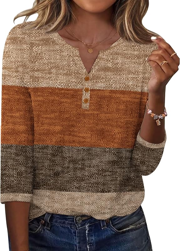 Zeagoo Tshirt Damen 3/4 Arm Shirt V-Ausschnitt Elegant Oberteile Locker Basic Top Tunika Bluse Sommer mit Knöpfen S-XXL