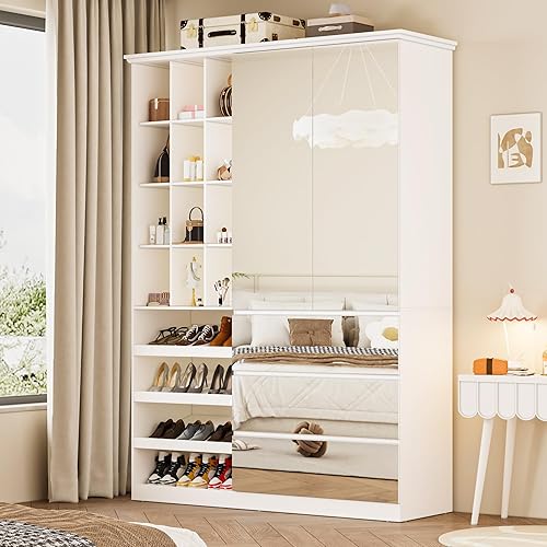 85”H Closet Organizer System with 3 Drawers and Shoe Rack, 60”W Freestanding Mirrored Wardrobe Armoire with Cubes and Clothing Rods for Cloak Bedroom Closet Small Space, White