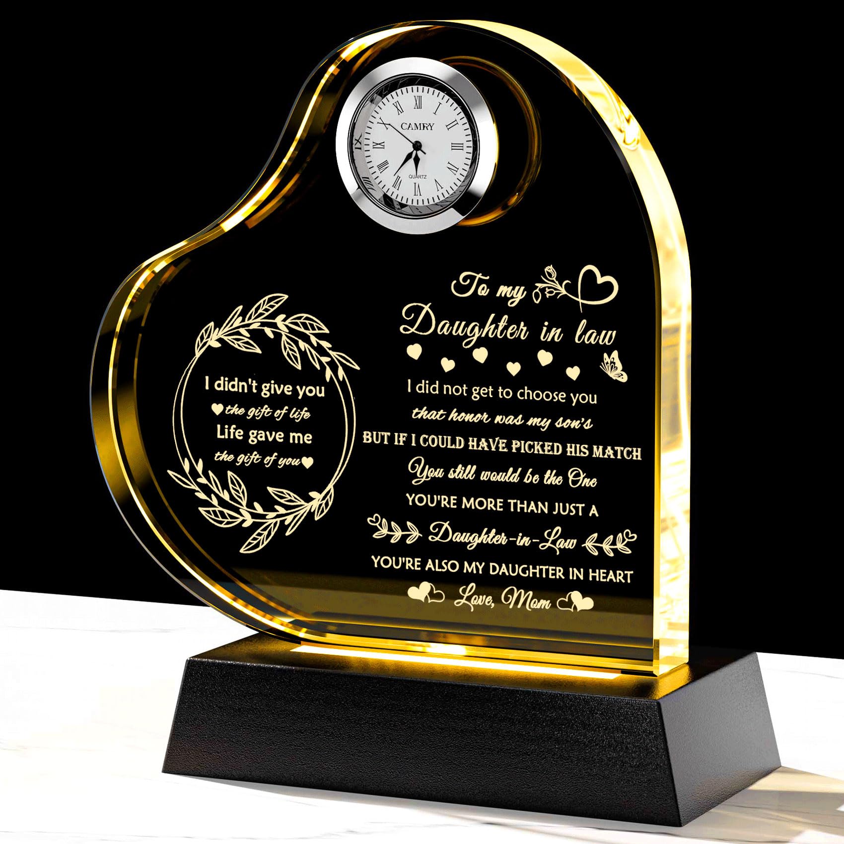 Movdyka to My Daughter in Law Gifts from Mother in Law Desk Decor with Colorful Led Base, Engraved Glass Plaque Best Gifts for Daughter in Law Unique