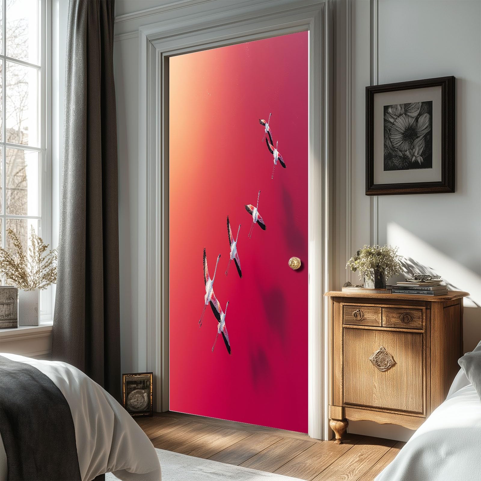 Naklejka 3D na drzwi 90 x 200 cm (szer. x wys.), tapeta na drzwi, obraz ścienny, różowe niebo, jezioro, ptaki, samoprzylepna, PCW, wodoszczelna dekoracja na drzwi, prosty styl, fototapeta do salonu
