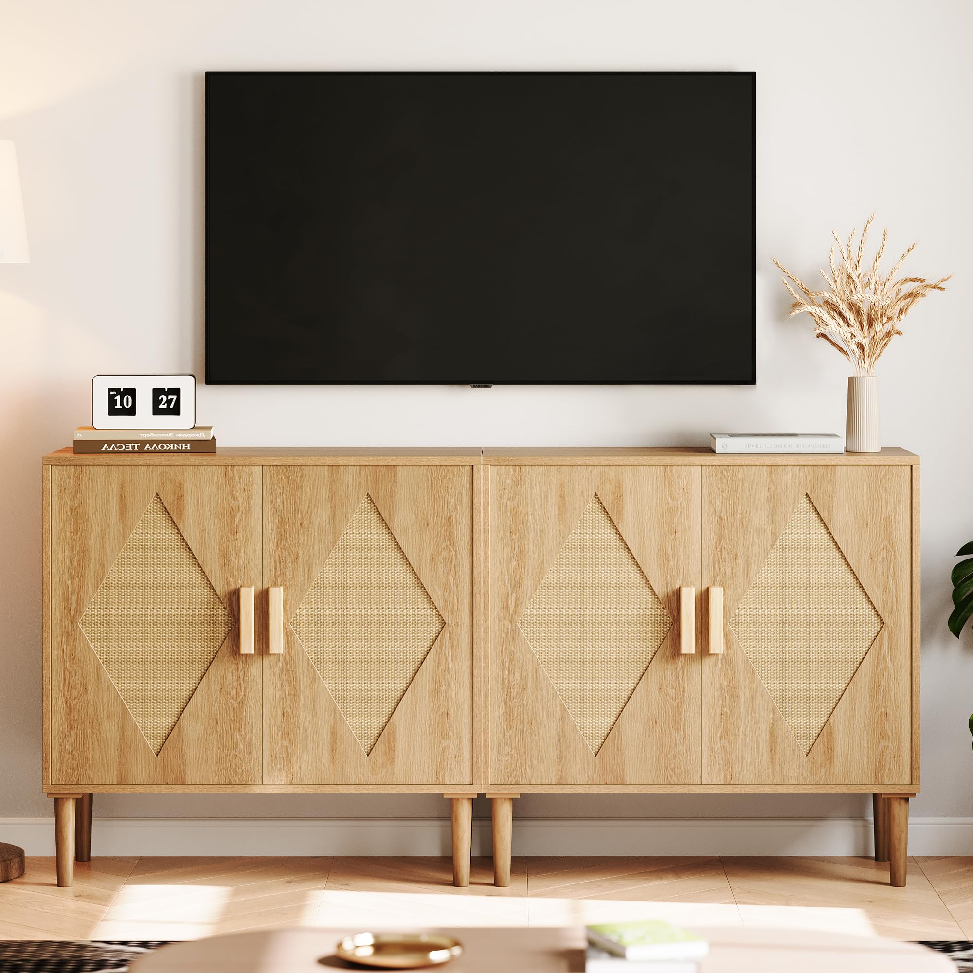 Photo 1 of GarveeHome Two-Piece Dining Sideboard with Storage, Rattan Decorative Double Door Storage Cabinets, Sideboards and Decorative Cabins for Living Room, Dining Room, Foyer, Kitchen