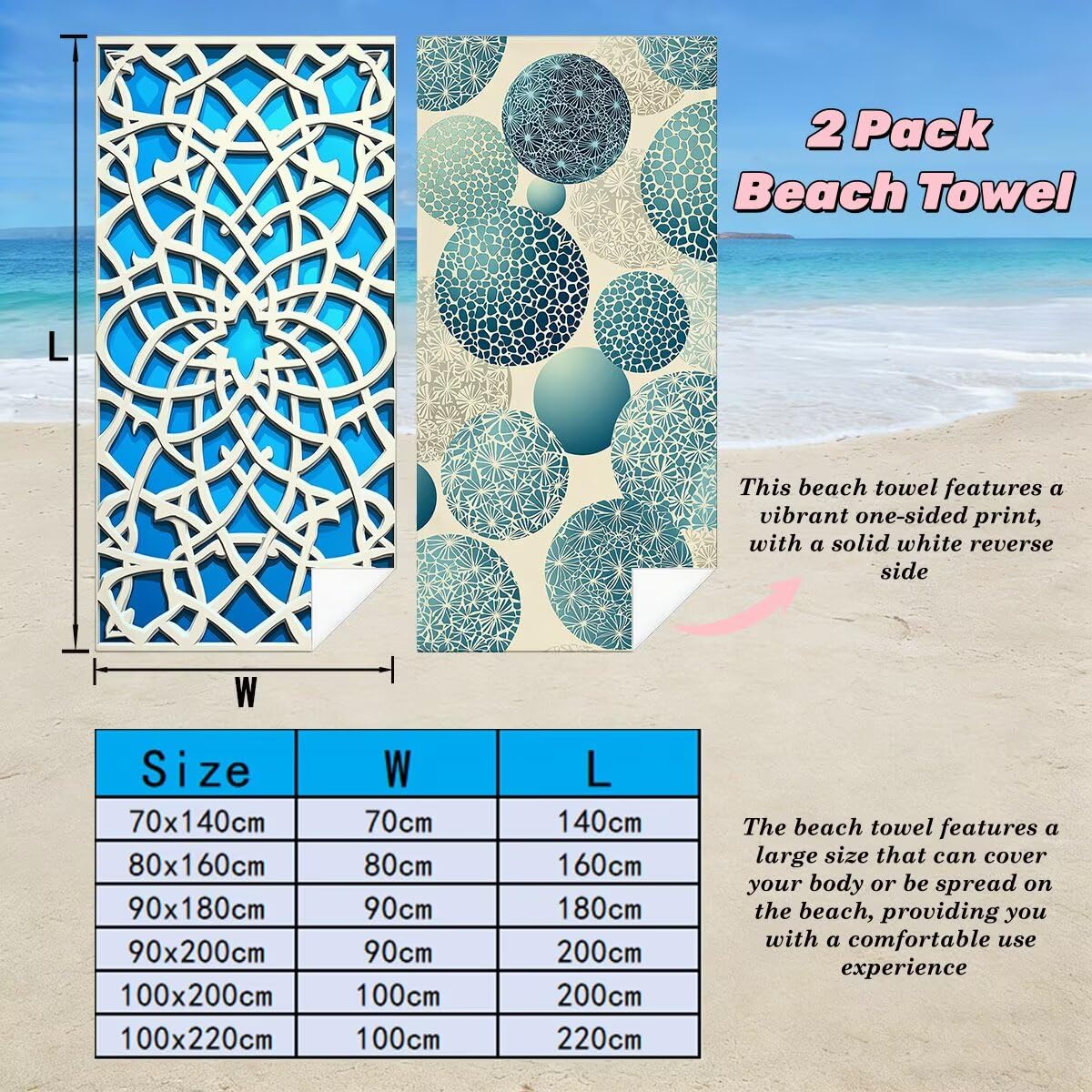 Zestaw 2 dużych ręczników plażowych 80 x 160 cm, szybkoschnący ręcznik z mikrofibry na siłownię, antypiaskowy Geometria Ręczniki plażowe, duże lekkie kompaktowe ręczniki z mikrofibry dla kobiet