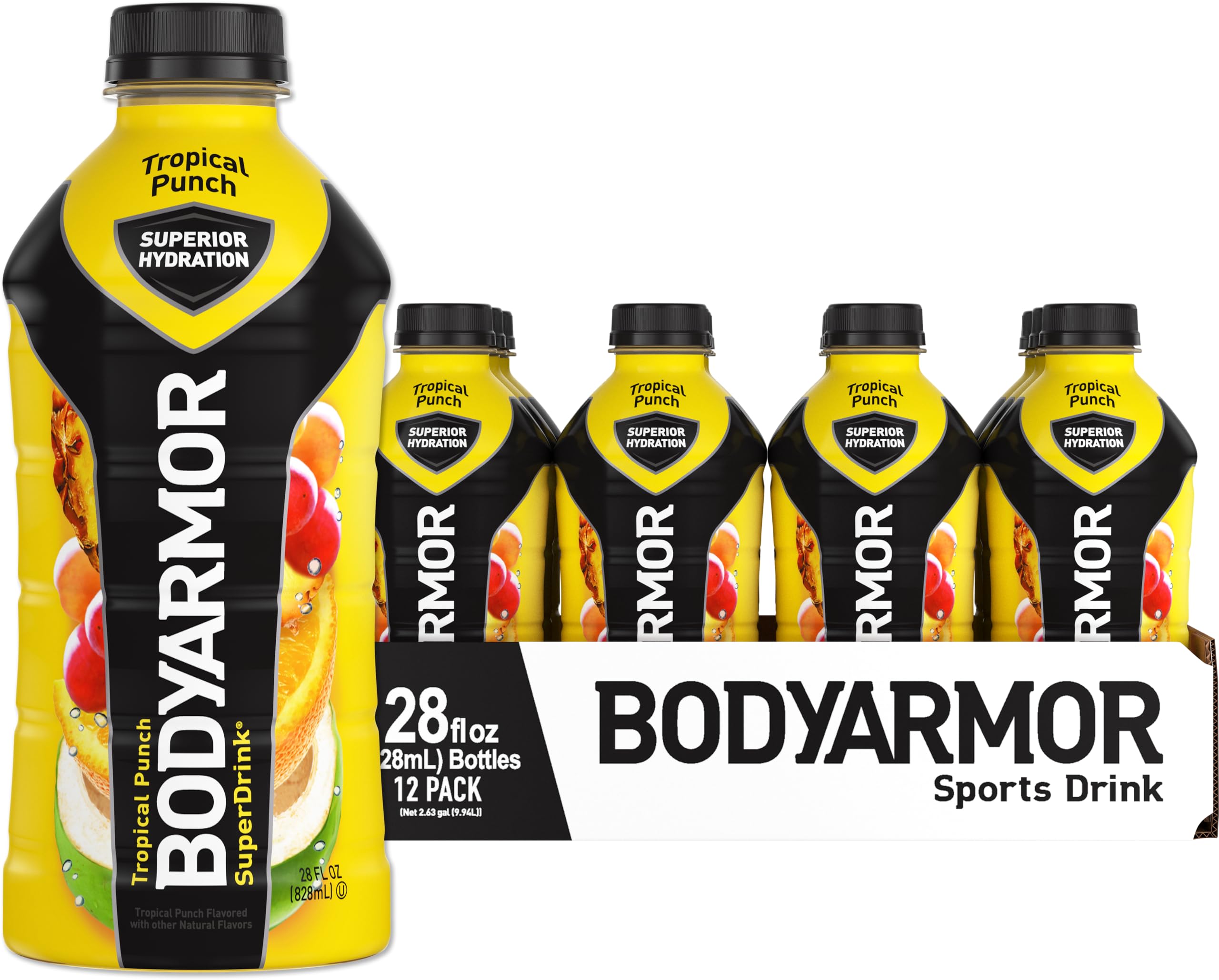 BODYARMOR Sports Drink Sports Beverage, Tropical Punch, Coconut Water Hydration, Natural Flavor With Vitamins, Potassium-Packed Electrolytes, Perfect For Athletes, 28 Fl Oz (Pack of 12)