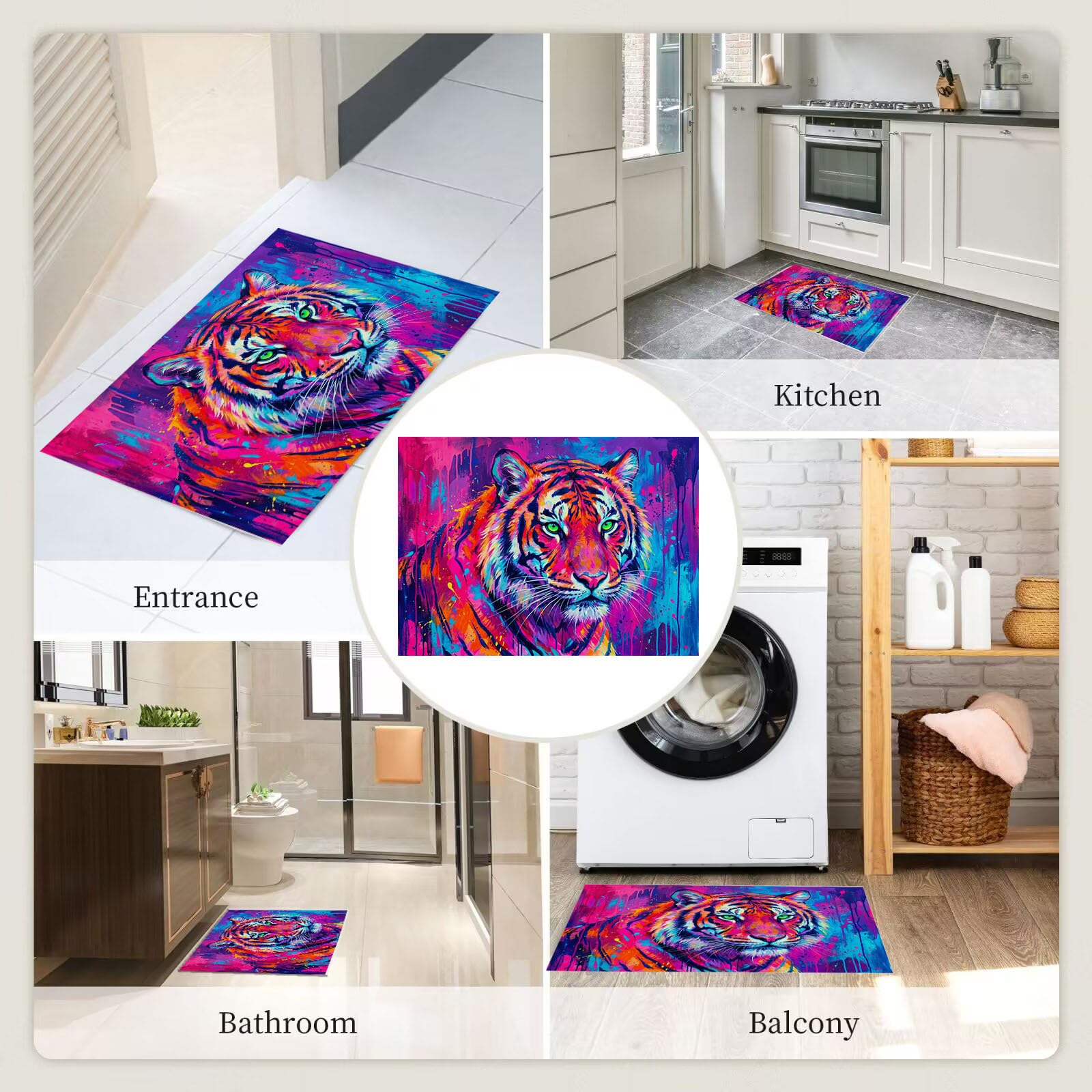 Zerbino Interni Animale Schizzi D'Inchiostro Fantastici 60X90Cm, Antiscivolo Lavabile, Tappeto Da Ingresso Tigre Del Pop Strada, Tappetino Pelo Basso Antipelo Per Porta D’Ingresso, Rosso