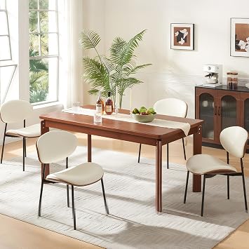 BedsPick Mid-Century Modern Dining Chairs Set of 4, PU Leather Upholstered Dining Room Chairs with Walnut Grain Back, Bentwood Kitchen Chairs with Adjustable Feetpads for Dining Room, Kitchen, White