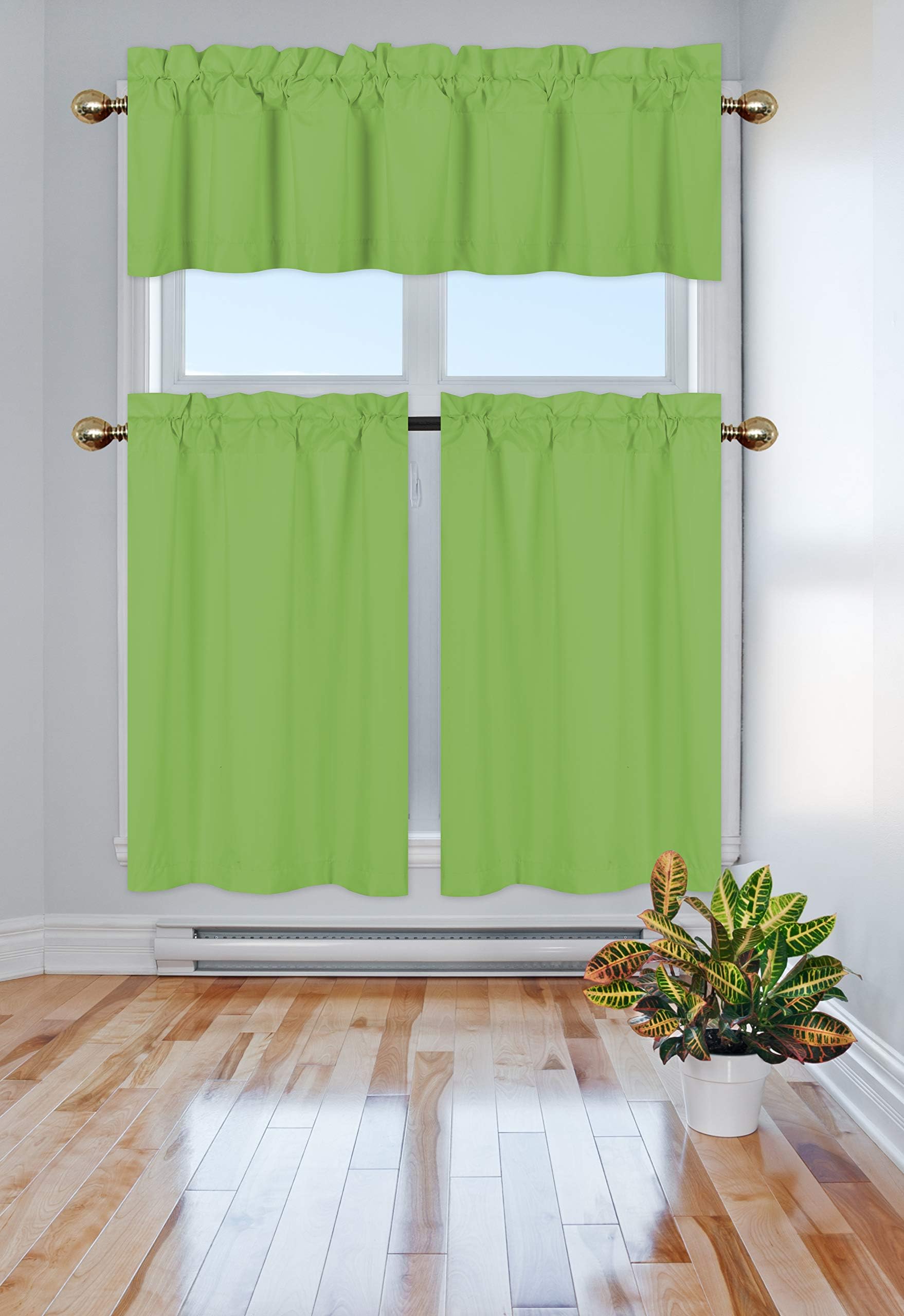 Elegant Home Collection 3 Piece Solid Color 90% Blackout Kitchen Window Curtain Set with Tiers and Valance Solid Thermal Room Darkening Drape Window Treatment # R3 MF (Lime Green)