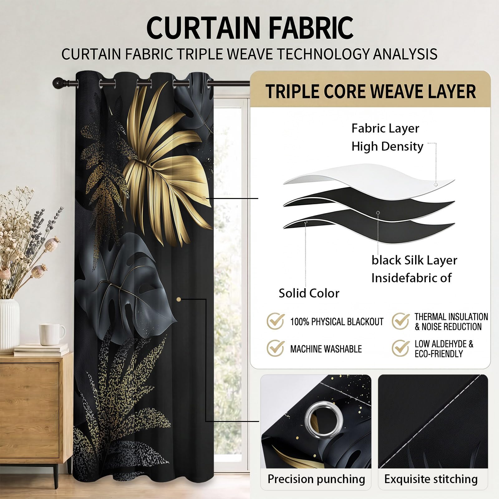 Rideau Occultant 3D Impression Feuilles Tropicales Modernes Et Élégantes Rideaux Salon Isolant Anti Froid Polyester 91.5L X 214H cm (2 Panneaux) Rideaux De pour Chambre Cuisine Décoration Noir Or