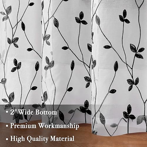 Miniatura 6 de WUBODTI Cortinas semitransparentes negras de Halloween de 84 pulgadas de largo para sala de estar, cortinas blancas bordadas con hojas góticas,