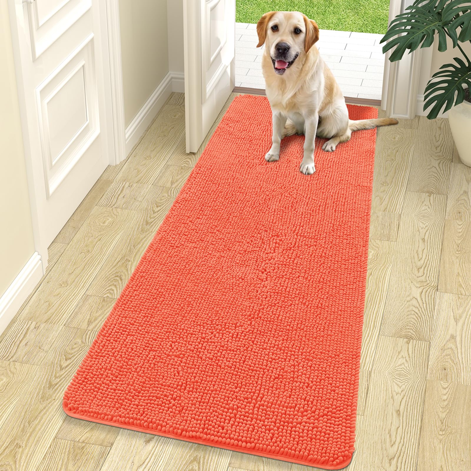 OLANLY Dog Doormat with Muddy Paws, Absorbs Moisture Dirt, Absorbent Non-Slip Washable Quick Dry Dog Entrance Mat Indoor Floor Mat for Indoor Floor, Coral โ image 1