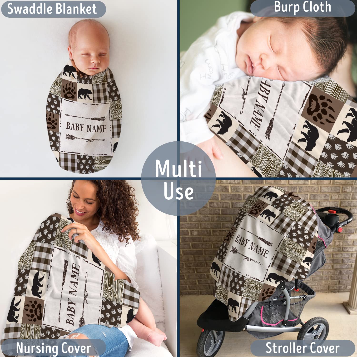 locobird Baby Woodland Blanket, Personalized Baby Blankets for Boys, Baby Bear Blanket Custom Name, Swaddle Blanket, 3 Sizes Plush Blankets for Son Newborn Infant