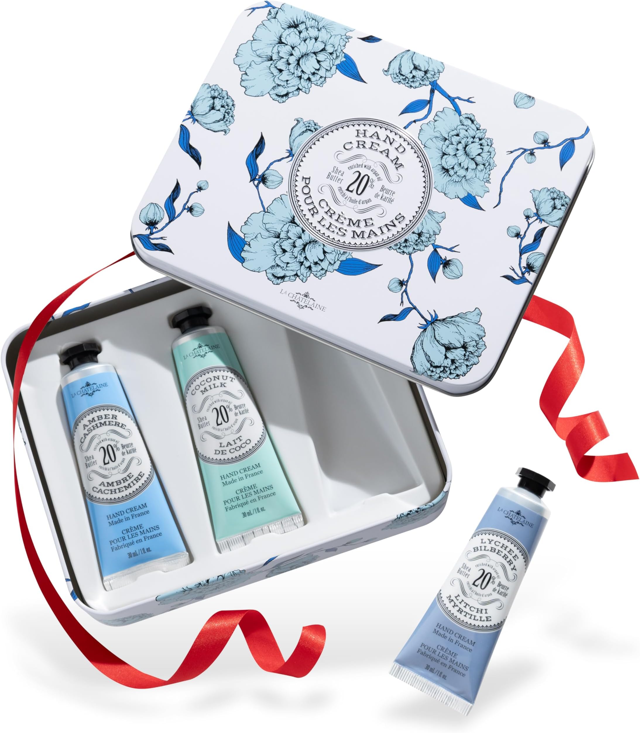 - Hand Cream Trio Tin Gift Set, Ready-To-Gift Tin, Nautral, Made in France with 20% Organic Shea Butter, Nourishing and Moisturizing (Amber Cashmere, Coconut Milk, Lychee Bilberry or Shea)