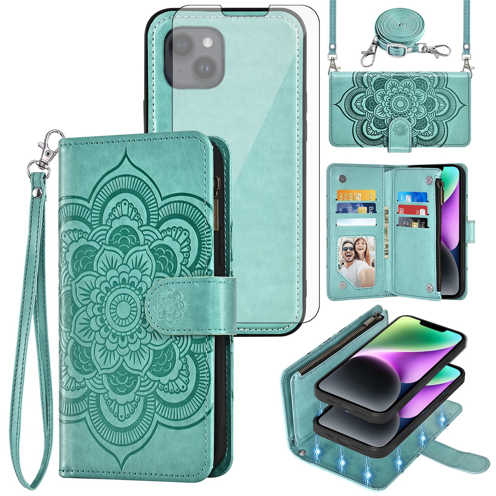 Asuwish Custodia per iPhone 14 da 6,1 pollici con cerniera a portafoglio magnetico con protezione dello schermo in vetro temperato Crossbody cordino cordino fiore titolare della carta iPhone14 5G i