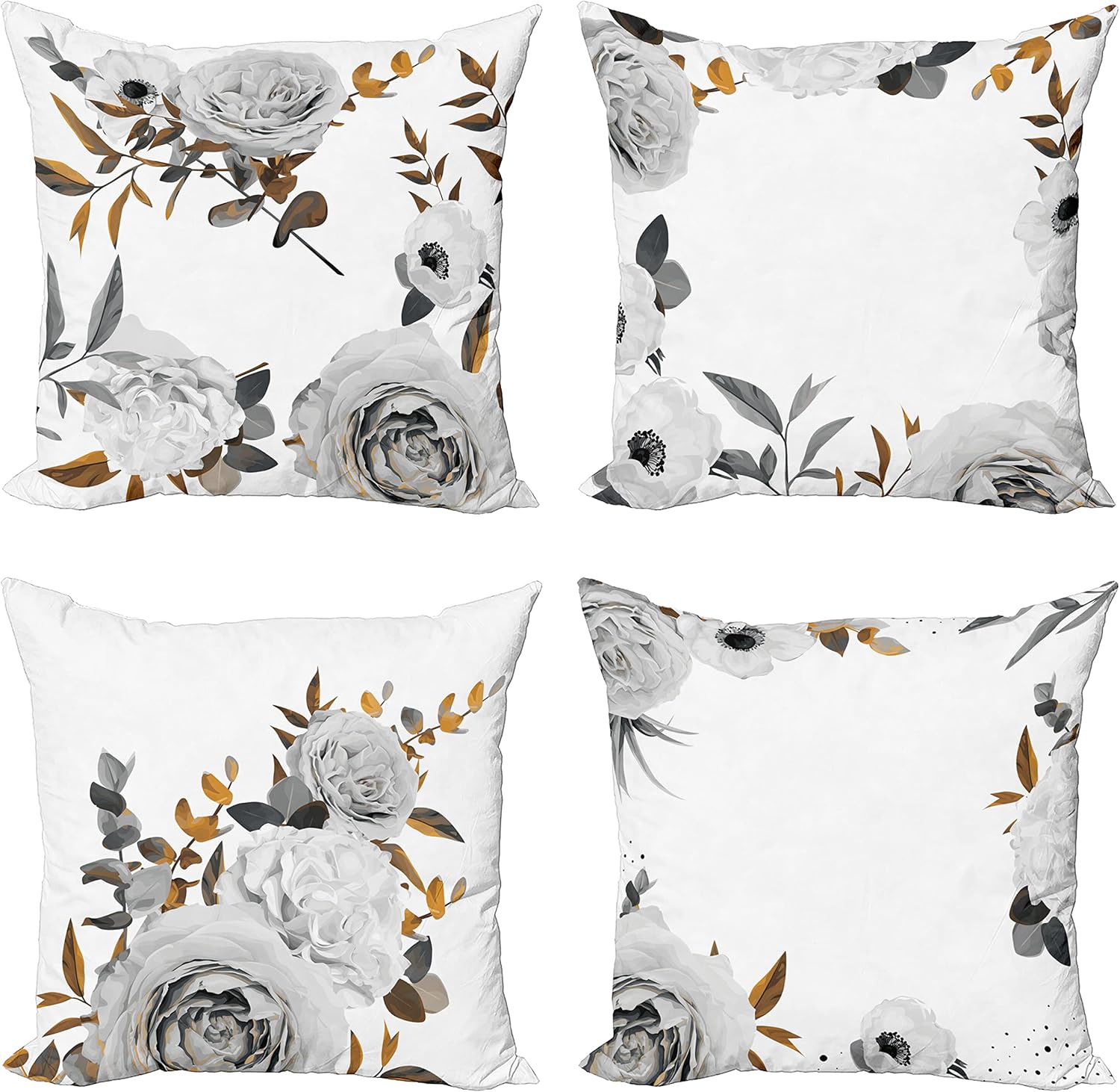 Ambesonne Floral Throw Pillow Cushion Case Pack of 4, Pastel Colored Romantic Style Blossoming Roses and Carnation Minimal Love, Modern Accent Double-Sided Digital Printing, 16", Pale Grey and Ginger
