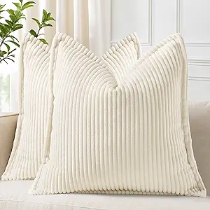 decorUhome Corduroy Cream White Throw Pillow Covers 26x26 Set of 2 Decorative Soft Boho Striped Neutral Euro Farmhouse Couch Pillow Cases with Broadside for Living Room Bed Sofa