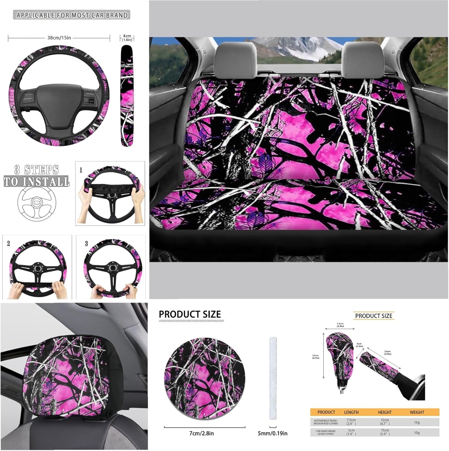 KEIAHUAN Pink Camo Front and Rear Bench Seat Cover Full Set,Camouflage Steering Wheel Cover,Car Headrest Cover,Coaster,Gear Shift Knob Cover with Handbrake Cover,Car Accessories Set