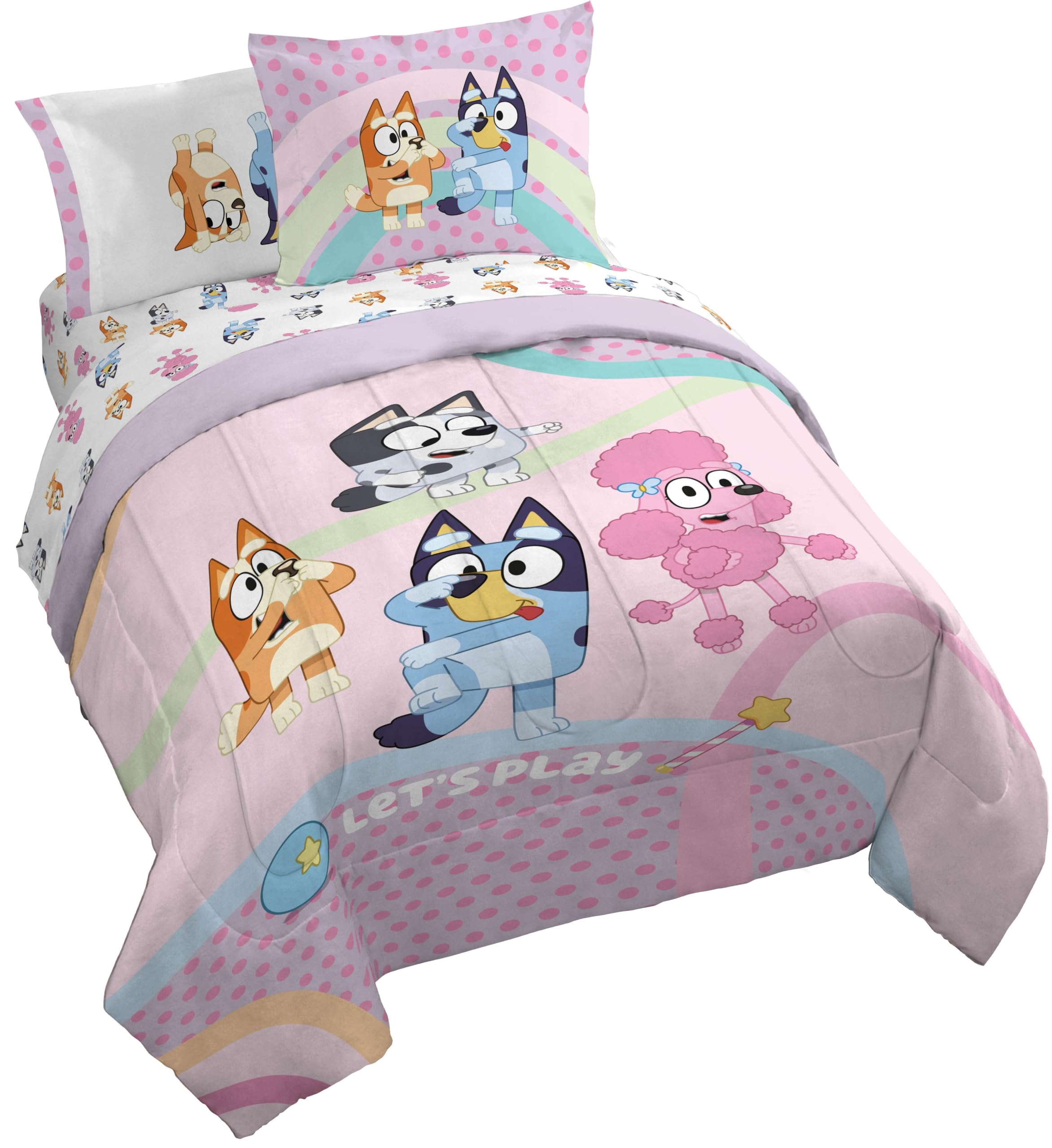 Jay Franco Kids Comforter Set Includes Sheets and Pillow Covers - Soft and Cozy Bed Set for Stylish Room Decor, Pink - Bluey 7 Piece Queen Size Bedding