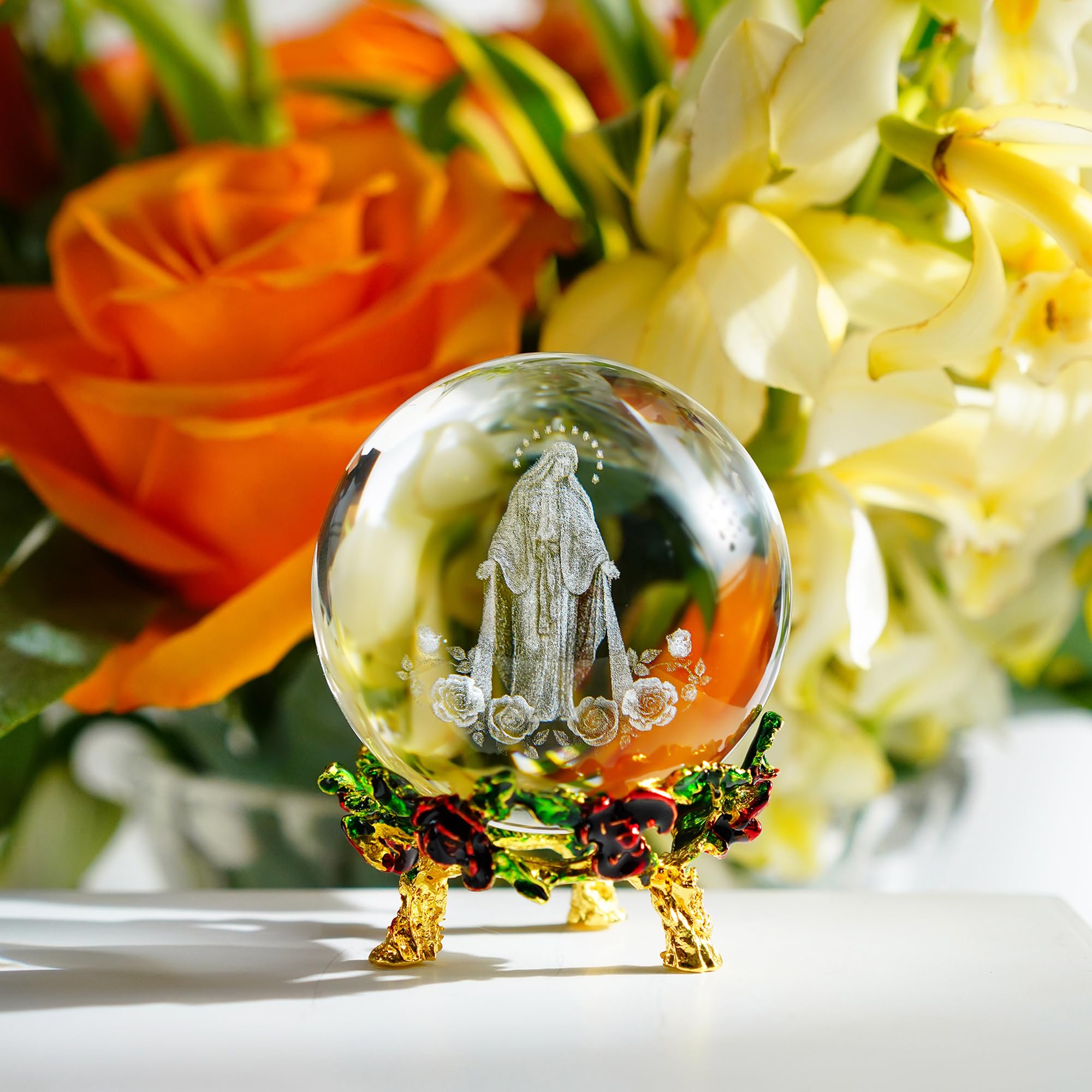 ZEERSHEE 3D Our Lady of Guadalupe Crystal Ball with Rose Stand Laser Etched Virgin Mary Statue Christian Catholic Religious Easter Gifts