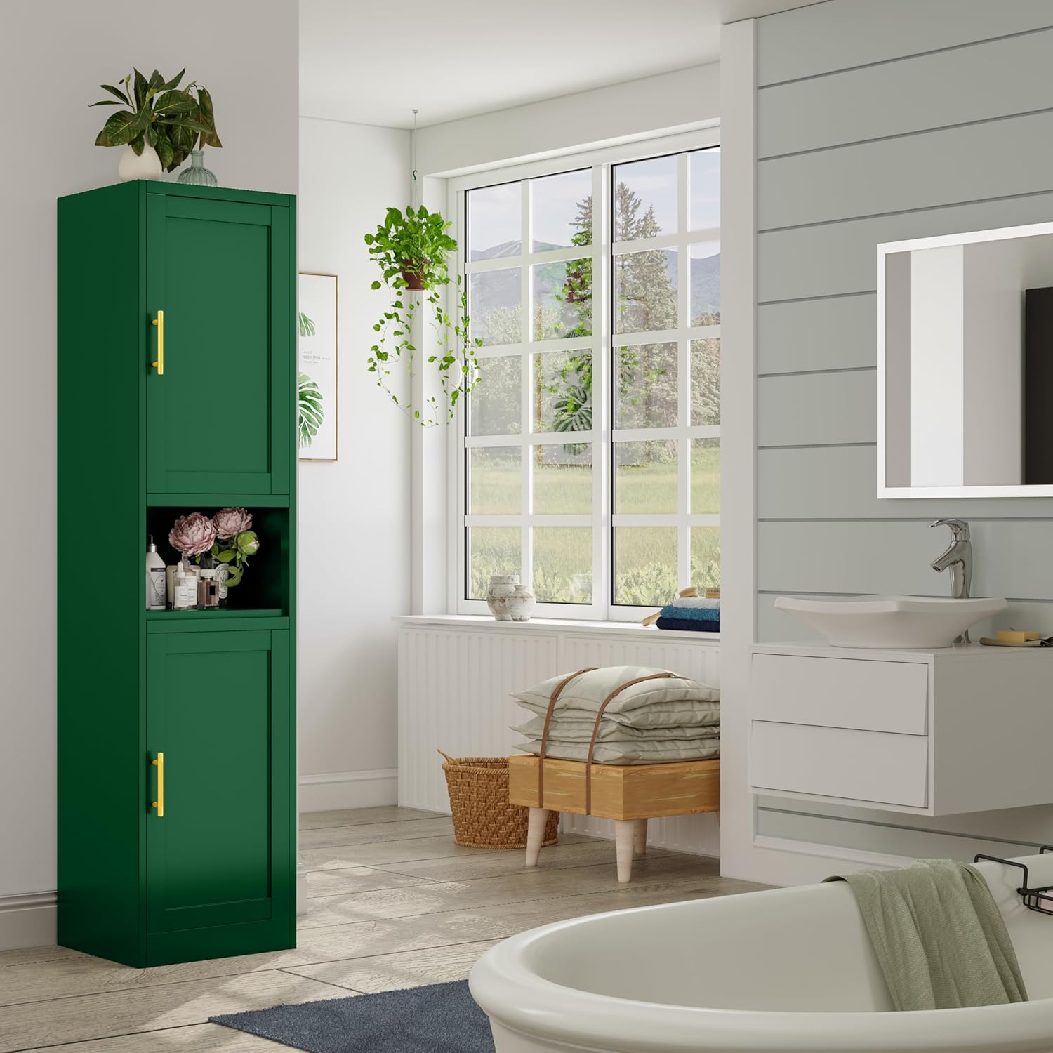 66.93" Tall Kitchen Pantry Cabinet, Metal 6-Tier File Storage Cabinet with 2 Doors & Shelves, Modern Steel Bathroom Storage with Open Countertop for Kitchen Living Room Bedroom Hallways, Green