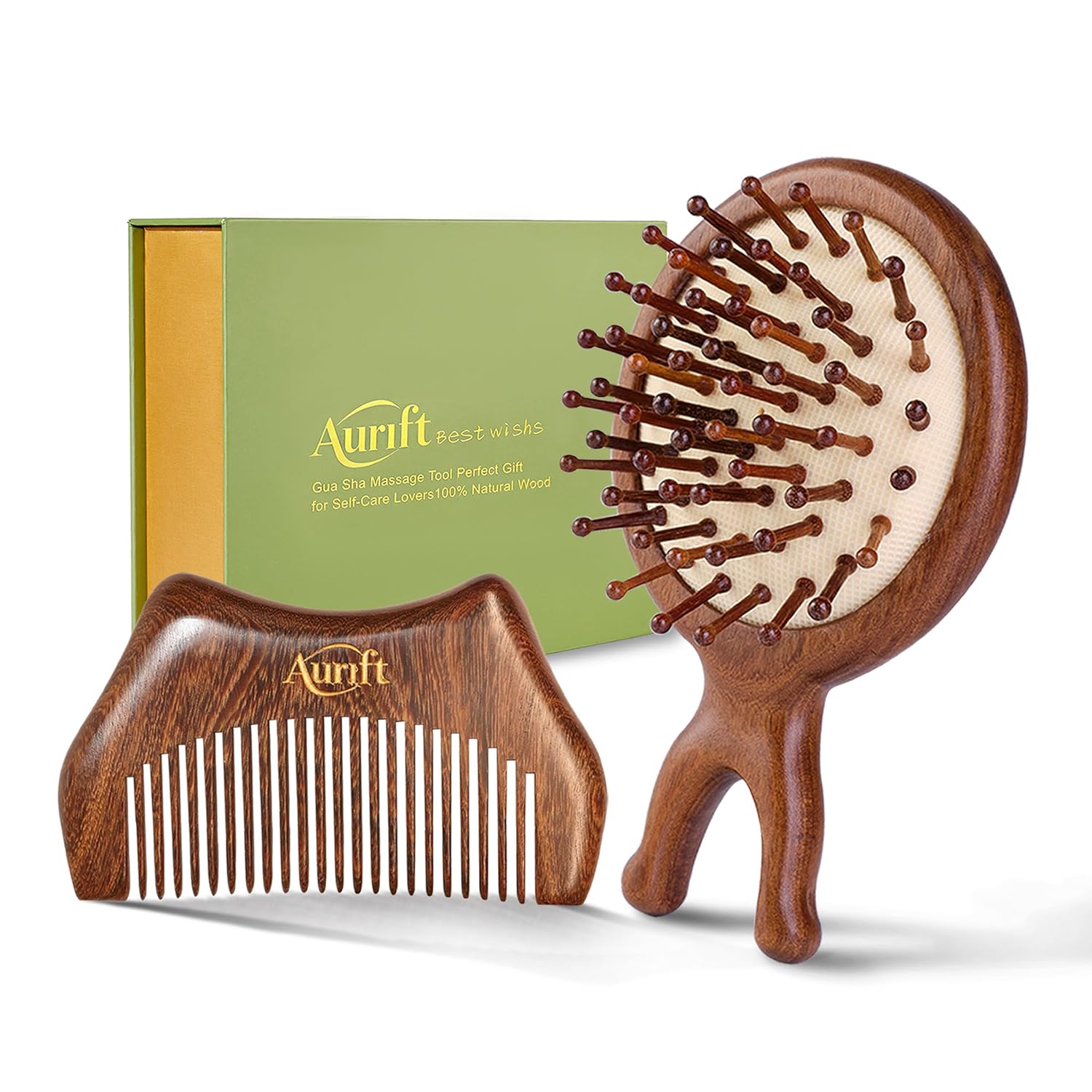 2PCS Mini Wooden Hair Brush & Comb Set, Head Scalp Massage Brush, Portable Travel Hair Care comb with Manual Massage Tool, Gift-Ready Box for Self-Care & Relaxation