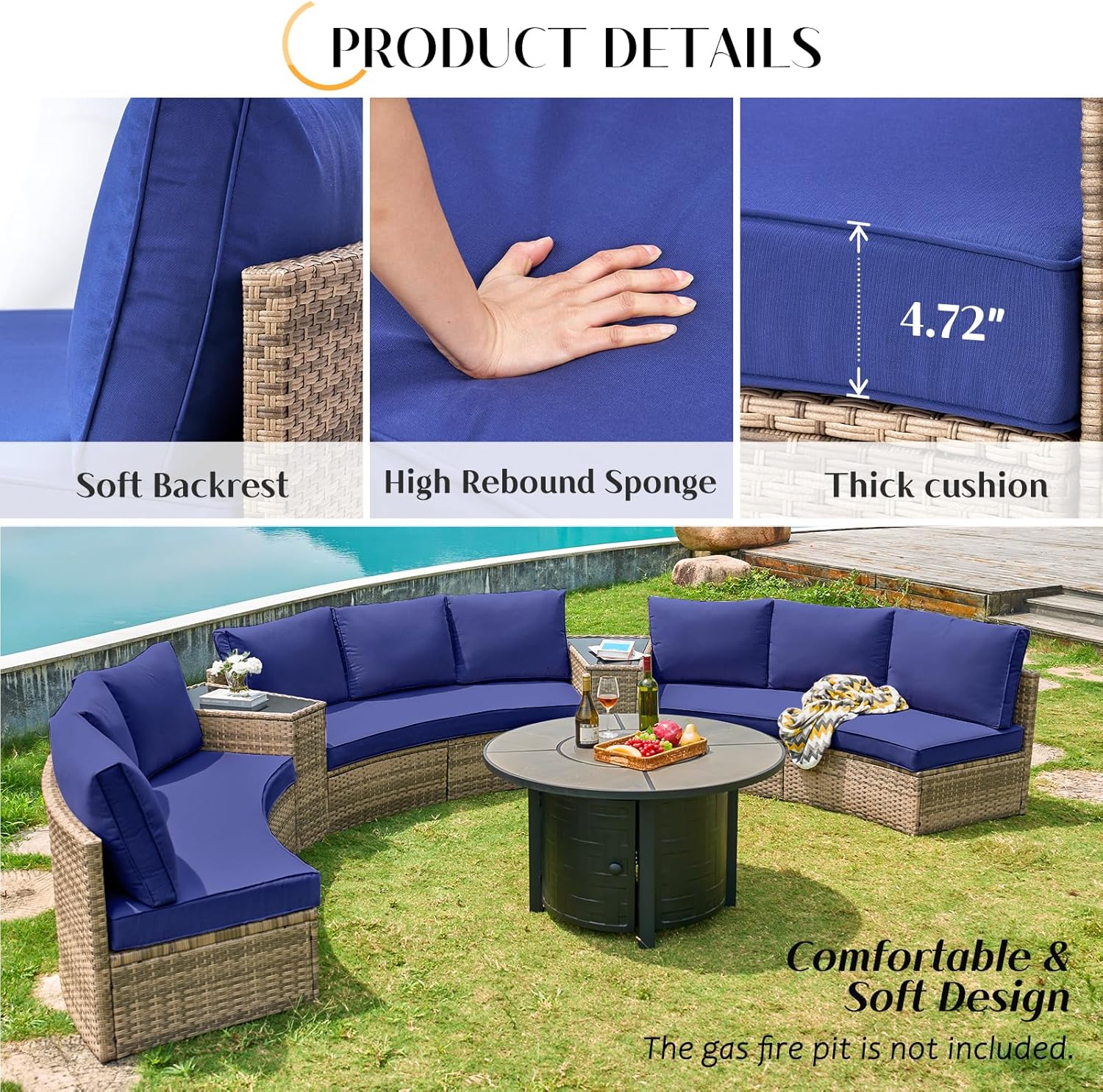 Close-up of PaPaJet patio furniture cushions showing soft backrest, high rebound sponge, and thick cushion details.