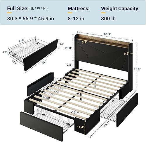 Miniatura 2 de Allewie Marco de cama de terciopelo tamaño completo con 3 cajones de almacenamiento, cama de plataforma tapizada con cabecera de almacenamiento tipo
