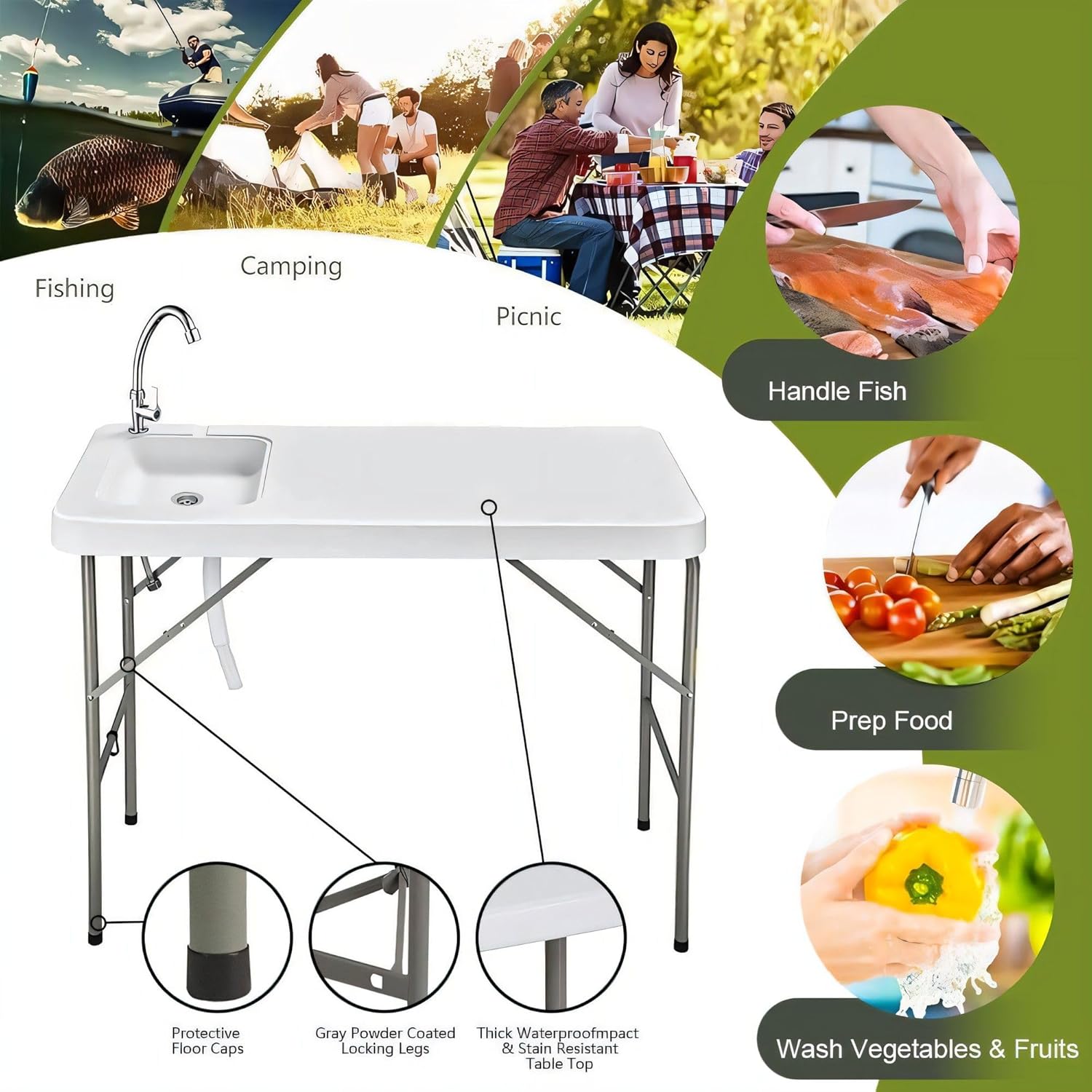 Fishing Cleaning Table with Sink - Portable, Folding Fish Fillet Workstation with Locking Legs, Faucet & Drain, Ideal for Camping, Hunting & Outdoor Kitchen