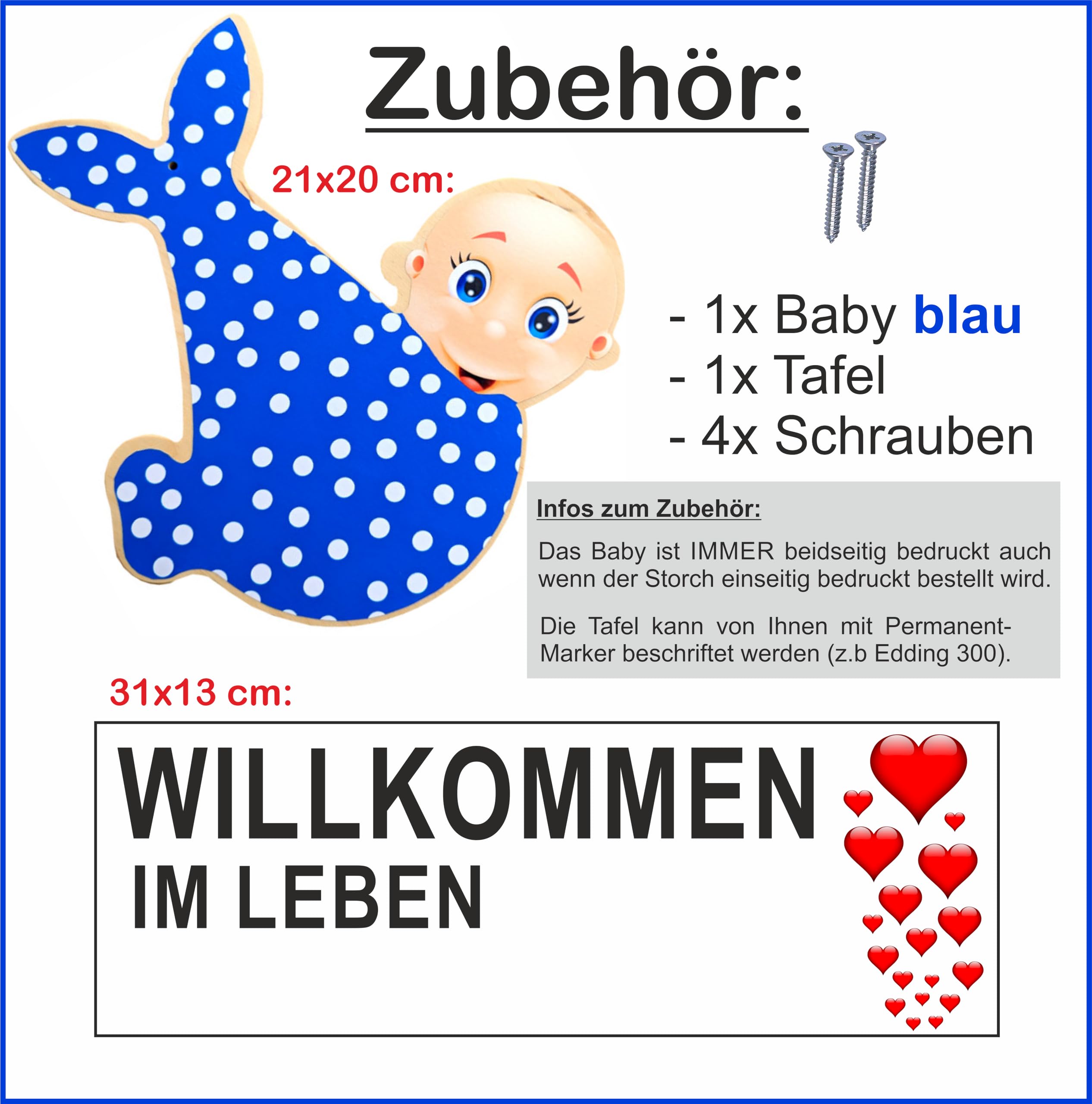 SET - 95 cm Babystorch aus HOLZ & Baby JUNGE & Beschriftungstafel für draußen Geburt Storch-Holz Klapperstorch Holzstorch BLAU (Druck: ZWEISEITIG*)