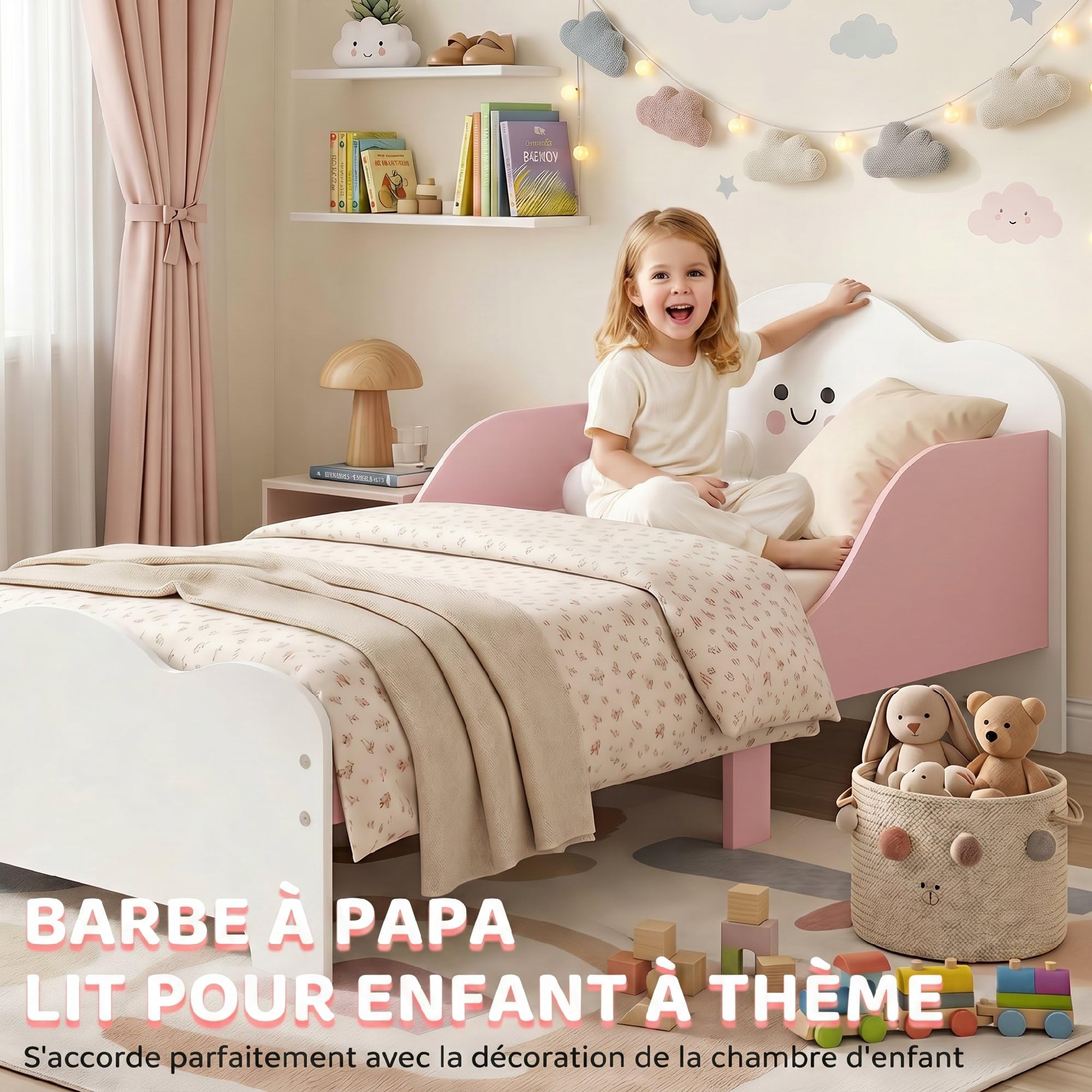 AIYAPLAY Lit Enfant 70 x 140 cm avec Barriere de Securite pour 3-6 Ans Rose | Lit pour Enfant, Sommier à Lattes en Bois, pour Garçons et Filles, Matelas Non Inclus