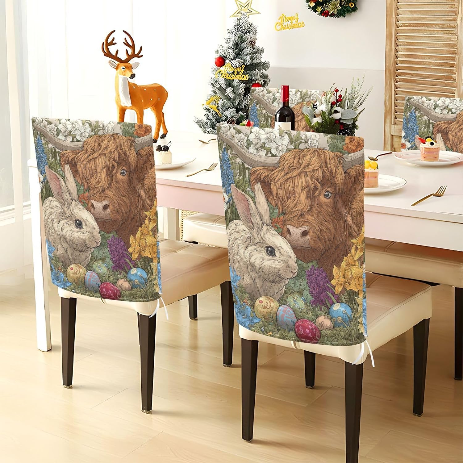 ALAZA Easter Eggs Rabbits Highland Cow Flowers Chair Back Cover Set of 6, Washable Reusable Removable Chair Slipcovers Decorative Chair Cover for Home Kitchen Wedding Party