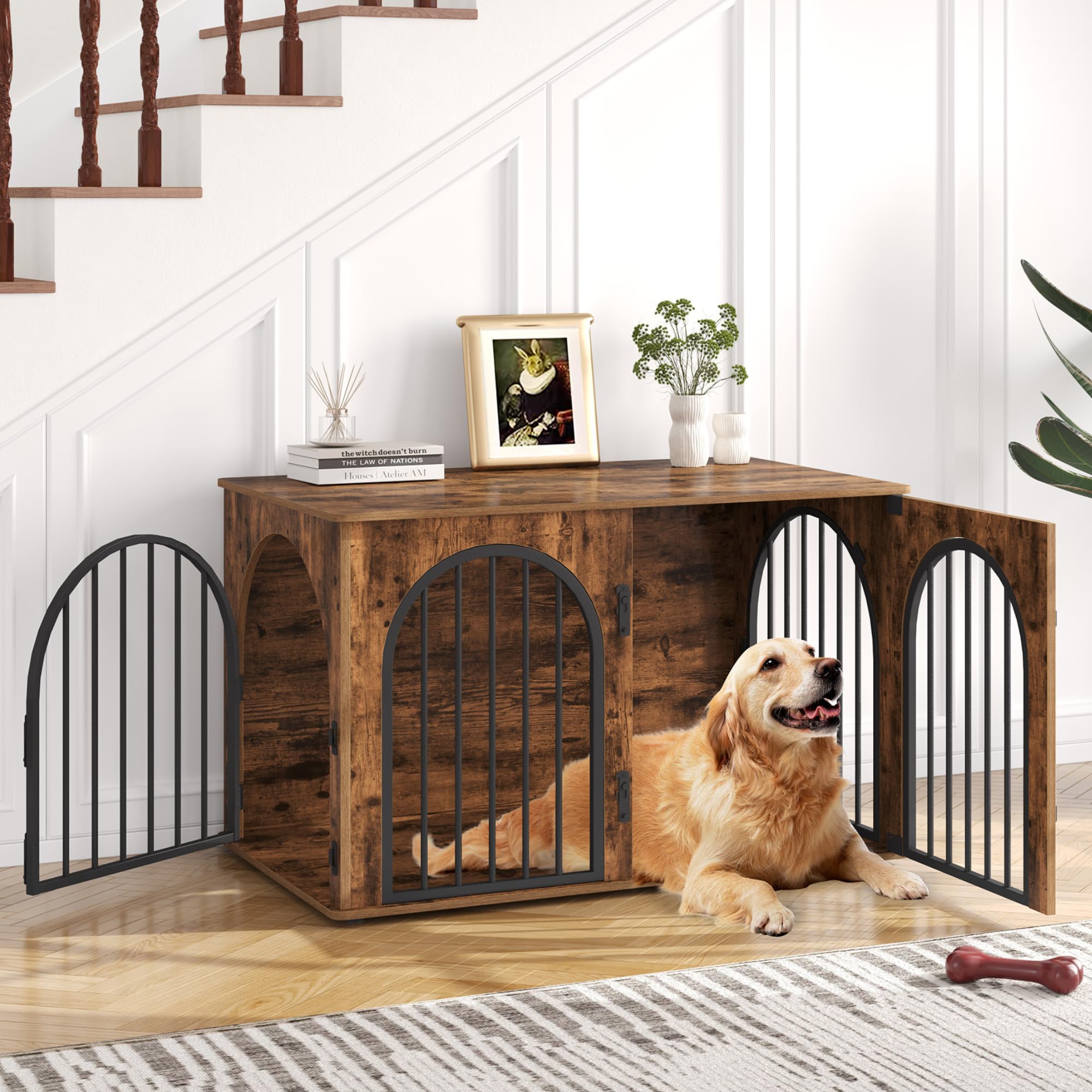 Hzuaneri 100cm Jaula para Perros, Mesa Auxiliar, casa Moderna para Perros, Jaula Perro Grande para Casa de Madera, dúplex para Animales, 3 Puertas, Puerta arqueada, 60 x 100 x 63 cm, Marrón Rústico